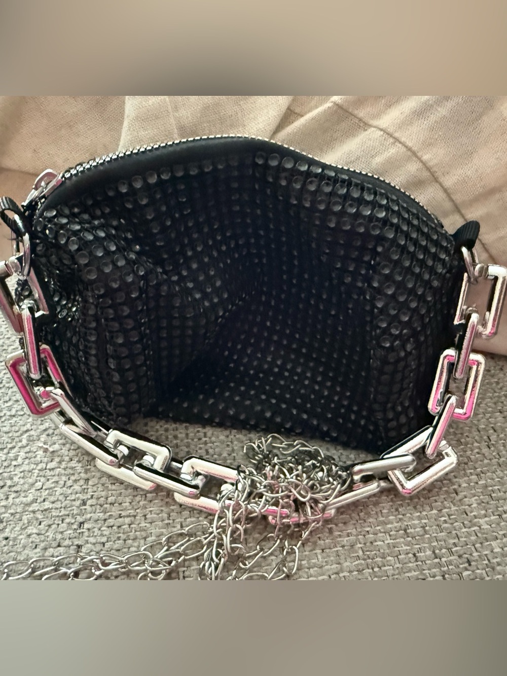Black Textured  almost beaded look.Mini Shoulder Bag with Silver Chain Strap.